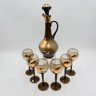 Romanian MCM Smoked Glass Decanter & Matching Glasses