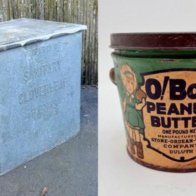 Antique Metal Cans Large & Small - Cloverleaf Dairy Milk/O! Boy PB