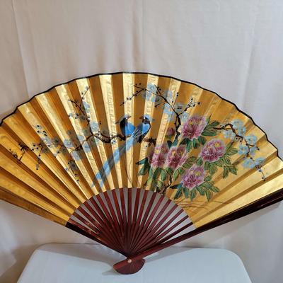Vintage Oriental Hand Painted Gold Fan Wall Decor