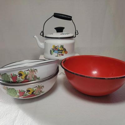 Vintage Enamelware Collection Including Swedish Berggren Kettle 
