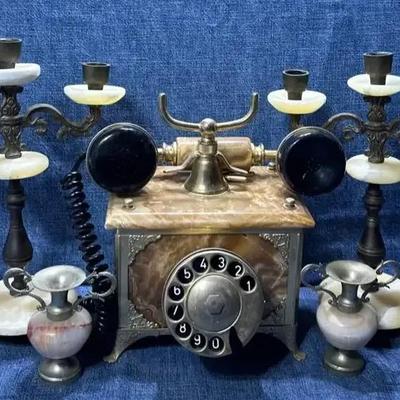 Vintage Brass And Marble Candelabra 