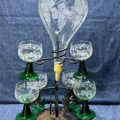 Vintage Luminarc Green Stem Wine Glasses On Metal Stand