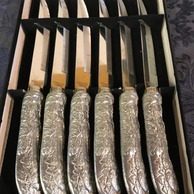 Six Ornate Handled Silver Toned Steak Knives From Taiwan