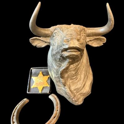 Vintage hard plastic glass eye steer mount & other western decor