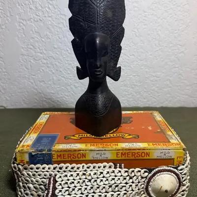 Cowrie shell belt wood tribal sculpture