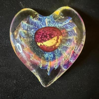 Studio art glass signed heart paperweight
