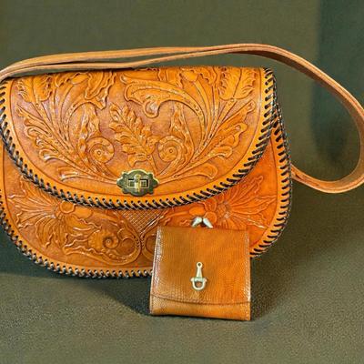 Tooled leather handbag and snake skin coin purse