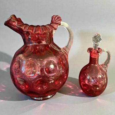 Fenton cranberry coin dot thumbprint pitcher, & cruet