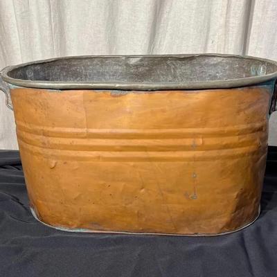 Vintage copper boiler wash tub with wood handles
