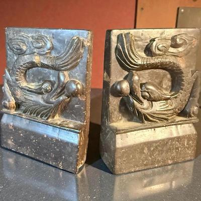 Pair chinese hand carved brown soapstone bookends with dragons motif