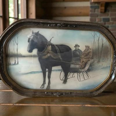 Oval vintage bubble glass frame w horse snow sledding print
