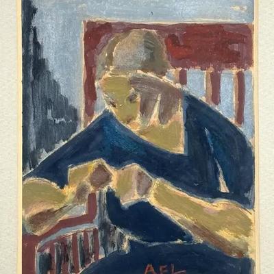 Original painting titled woman sewing"