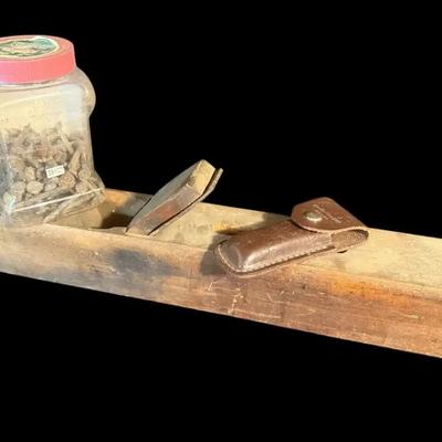 Antique carpenters plane railroad date nails & buck knife