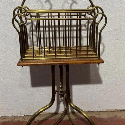 Brass and oak swivel magazine rack