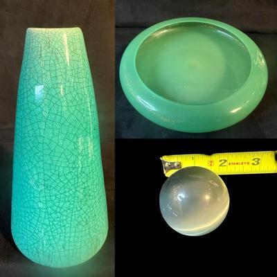 Chrysoberyl cat s eye marble, glass bowl & raku style vase
