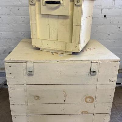 Pair (2) Cream Colored Industrial Wooden Storage Boxes