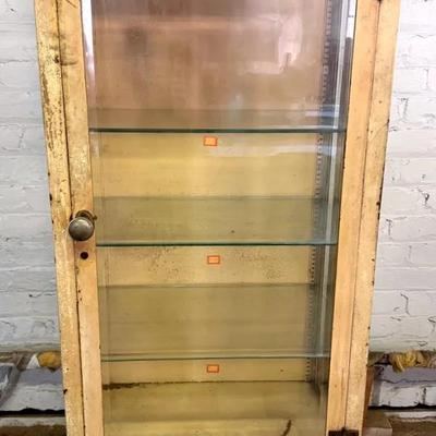 Antique Medical Cabinet W/ Glass Doors, Shelves & Cast Iron Base
