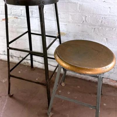 Pair (2) Mismatched Industrial Stools, Metal & Wood Top By Angle Steel Company
