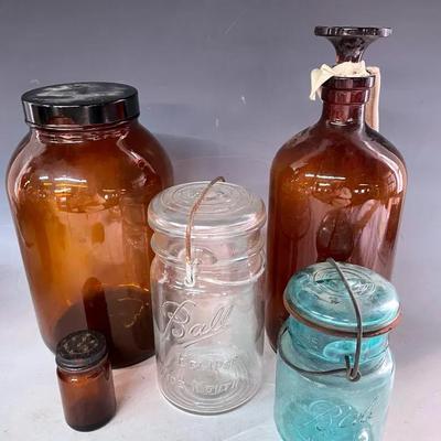 Antique Brown Lab Jar With Vintage Eclipse Ball Jar +