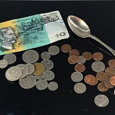 Towle Old Masters Sterling Spoon with US and Foreign Coins & Currency 