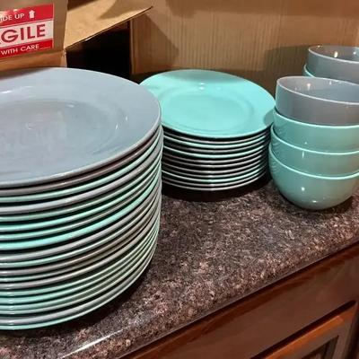 Large Set Of Gray & Light Green Manor Lane Dishes - Dinner & Salad Plates & Bowls