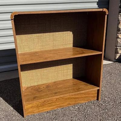 Vintage MCM Small Wooden Bookcase w/ Rattan Backing - Light Wood, 2 Shelves
