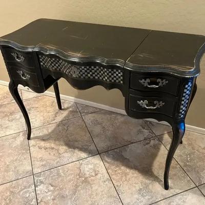 Cute Refinished Black Desk - Sewing Table Converted - Silver Checked Accents, Open Top