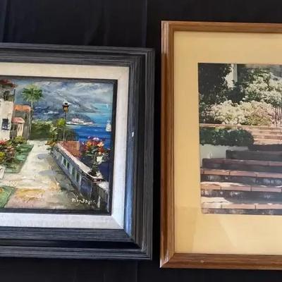 Landscape Wall Art Pictures - Scenic Ocean Villa Painting In Blue Frame, Garden Print In Wood Frame.