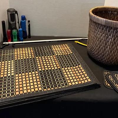 Brown Woven Wastebasket. Black/Tan Check Modern Woven Placemats & Coasters. Grabber And Flashlights 