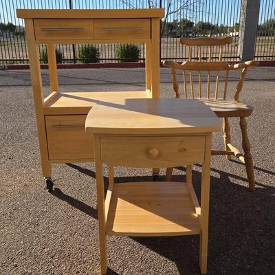 Kitchen Furniture - Rolling Wood Island - 4 Drawers,  End Table, Small Dark Wooden Chair
