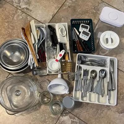 Kitchen Items - Silverware, Spoons, Timers, Bowls, Glass Baking Dishes, Knives