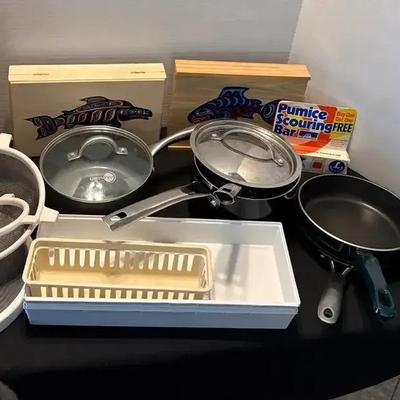 Kitchen Essentials - Pots And Pans, Strainers, Cutting Board, Salmon Legend Wooden Boxes