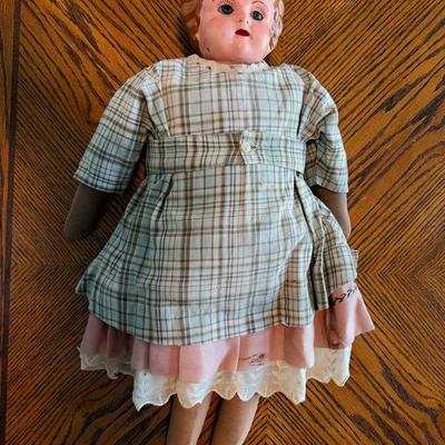 Vintage Composition Doll with Plaid Dress & Layered Skirt 