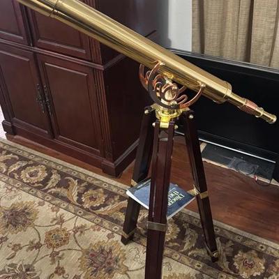 Polished Brass Refractor Telescope on Wooden Tripod Stand with Brass Hardware