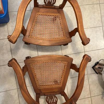 Vintage Wood Cane Seat Armchairs & Matching Loveseat Bench – 3-Piece Set