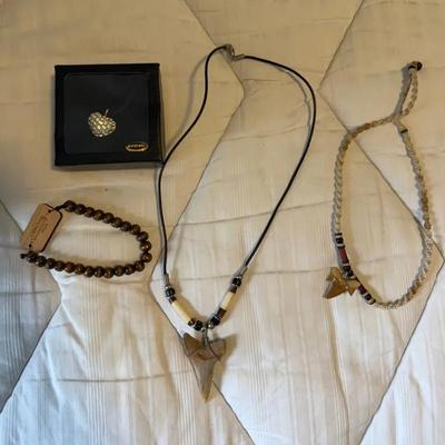Shark Tooth Necklaces, Wooden Bead Bracelet & Heart Pendant Set