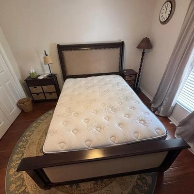 Bedroom Furniture Lot Including Queen Bed Frame, Corner Cabinet, and Storage Console
