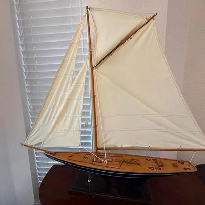 Handcrafted Wooden Sailboat Model with Canvas Sails and Display Stand 