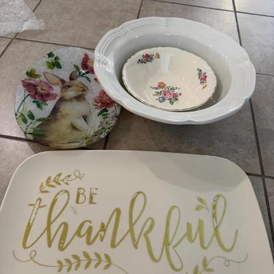 Serving Dish Lot – “Be Thankful” Platter, Floral Bowls & Bunny Plate