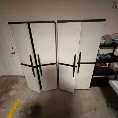 White Storage Cabinets with Double Doors and Interior Shelving