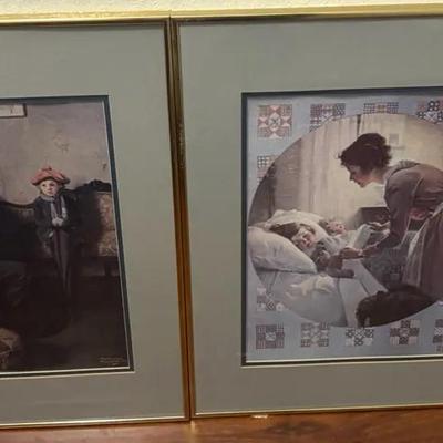 Pair of Framed Vintage Americana Genre Art Prints in Gold Frames
