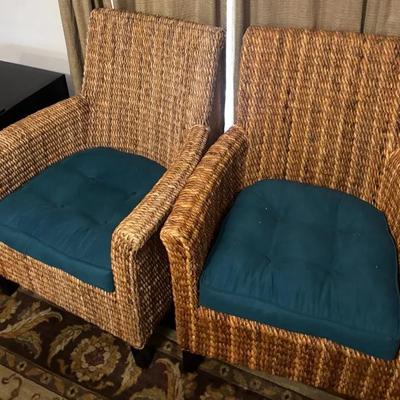 Pair of Woven Wicker Armchairs with Blue Seat Cushions