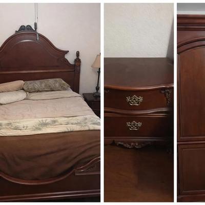Traditional Cherry Wood Bedroom Furniture Group with Armoire, Bed Frame, and Nightstand