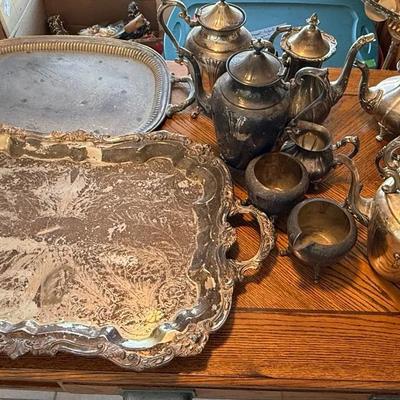 Silverplate Tea Set with Serving Trays Huge Lot 