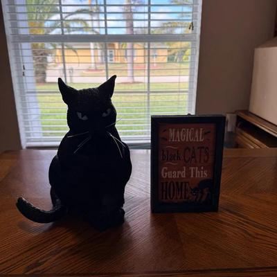 Plastic Black Cat Figurine with Framed Decorative Sign