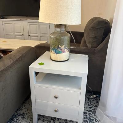 White End Table with Glass Jar Table Lamp