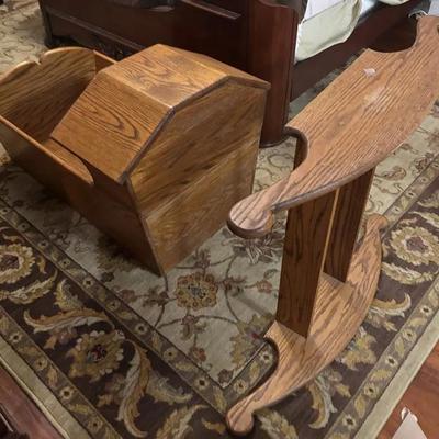 Antique Solid Oak Rocking Baby Bassinet with Hood  