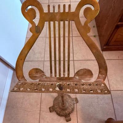 Vintage Brass Lyre-Style Music Stand with Ornate Cast Base