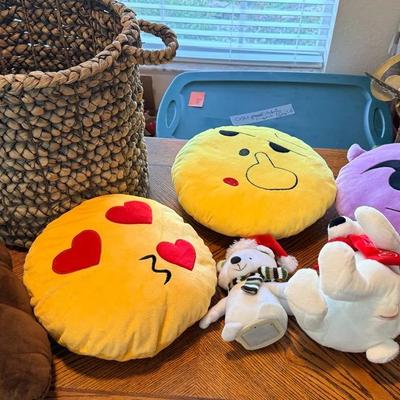 Emoji Plush Pillows, Small Stuffed Animals & Woven Storage Basket Lot