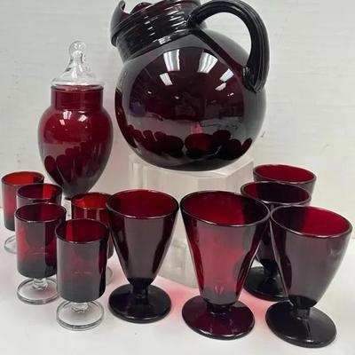 Vintage Ruby Red Glass Beverage Set